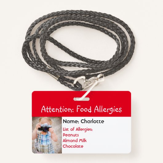 Food Allergy Alert Aangepaste foto badge (Voorkant met draagriem)