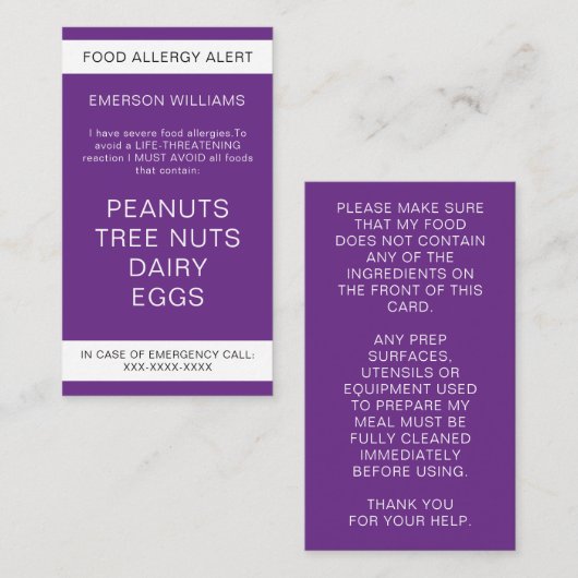 Food Allergy Alert Persoonlijke Chef Kaart Visitekaartje (Voorkant / Achterkant)