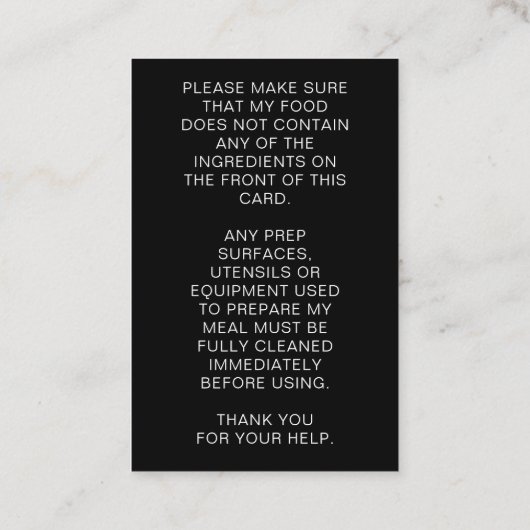 Food Allergy Alert Persoonlijke Chef Kaart Visitekaartje (Achterkant)