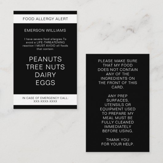 Food Allergy Alert Persoonlijke Chef Kaart Visitekaartje (Voorkant / Achterkant)