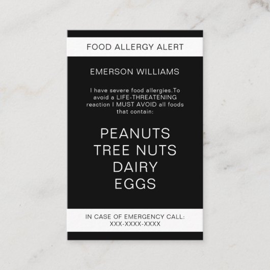 Food Allergy Alert Persoonlijke Chef Kaart Visitekaartje (Voorkant)