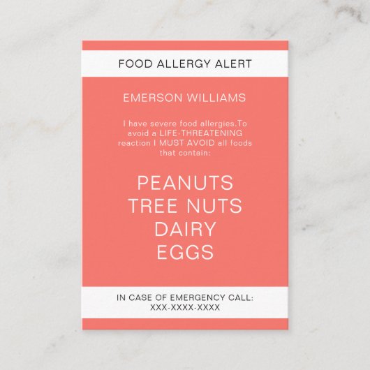 Food Allergy Alert Persoonlijke Chef Kaart Visitekaartje (Voorkant)