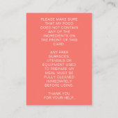 Food Allergy Alert Persoonlijke Chef Kaart Visitekaartje (Achterkant)