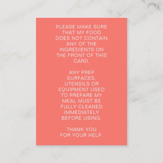 Food Allergy Alert Persoonlijke Chef Kaart Visitekaartje (Achterkant)