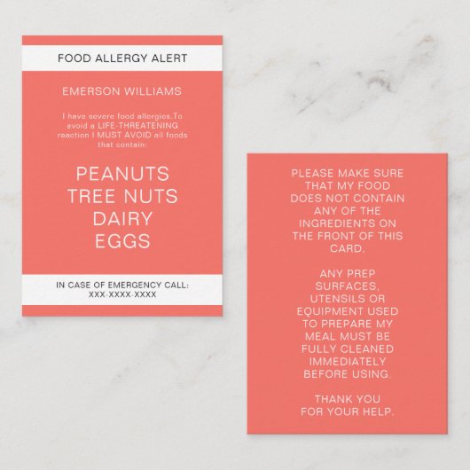 Food Allergy Alert Persoonlijke Chef Kaart Visitekaartje (Voorkant / Achterkant)