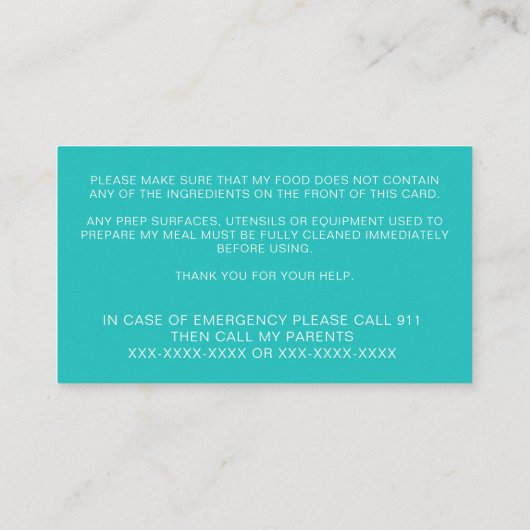 Food Allergy Alert Persoonlijke Chef Playdate Kaar Visitekaartje (Achterkant)