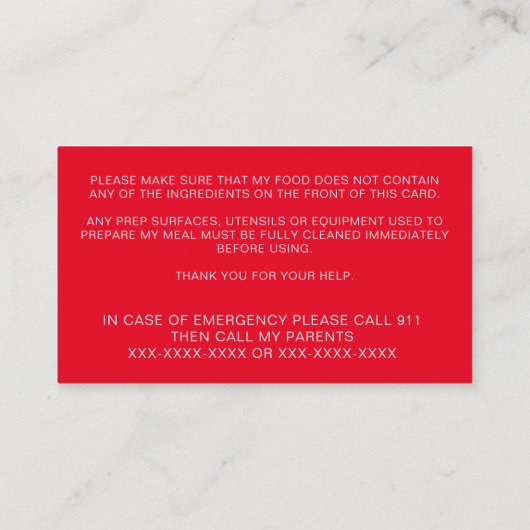 Food Allergy Alert Persoonlijke Chef Playdate Kaar Visitekaartje (Achterkant)