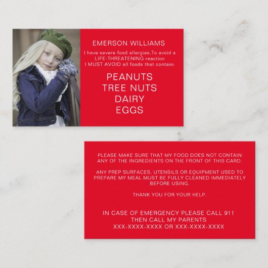 Food Allergy Alert Persoonlijke Chef Playdate Kaar Visitekaartje (Voorkant / Achterkant)