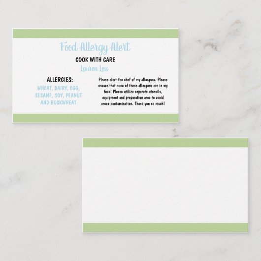 Food Allergy Restaurant Alert Kaart Sjabloon Visitekaartje (Voorkant / Achterkant)