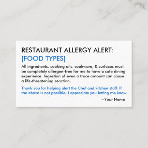Food Allergy Restaurant & ICE Card Contactkaartje