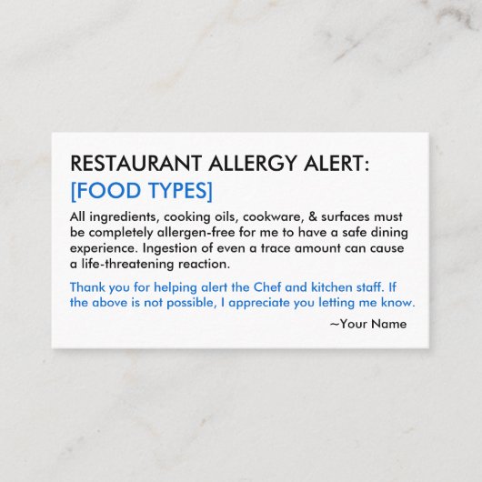 Food Allergy Restaurant & ICE Card Contactkaartje (Voorkant)