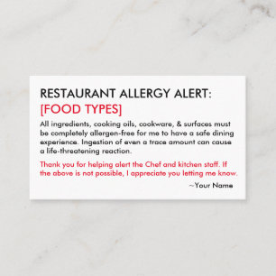 Food Allergy Restaurant & ICE Card Contactkaartje