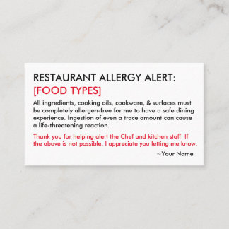 Food Allergy Restaurant & ICE Card Contactkaartje