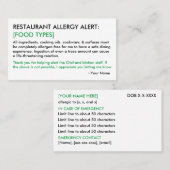 Food Allergy Restaurant & ICE Card Contactkaartje (Voorkant / Achterkant)