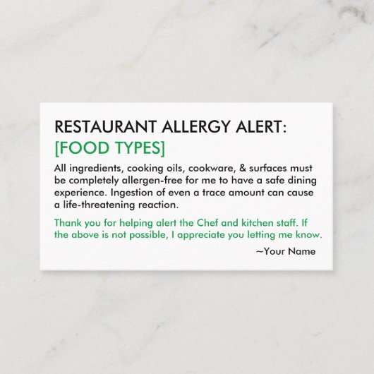 Food Allergy Restaurant & ICE Card Contactkaartje (Voorkant)
