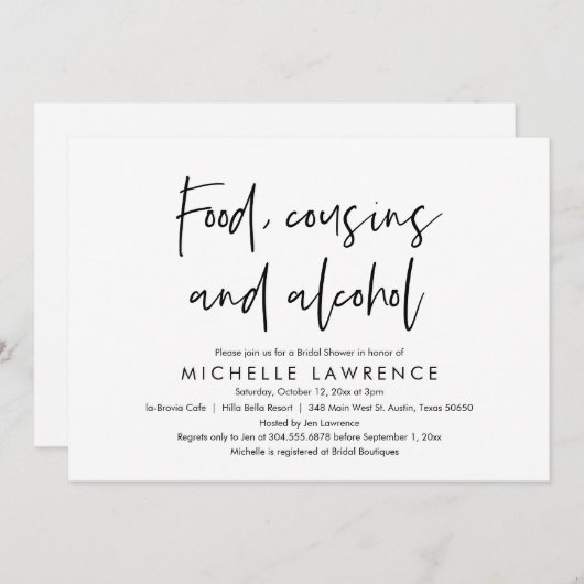 Food, Cousins and Alcohol, Casual Bridal Shower Kaart (Voorkant / Achterkant)