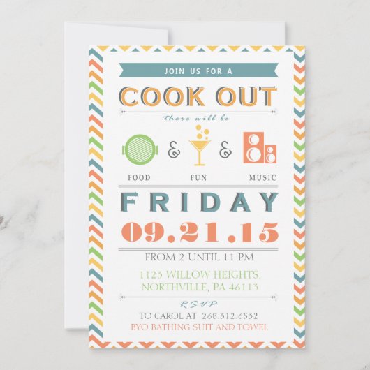 Food, Fun and Music Barbeque (BBQ) Cookout Invite Kaart (Voorkant)