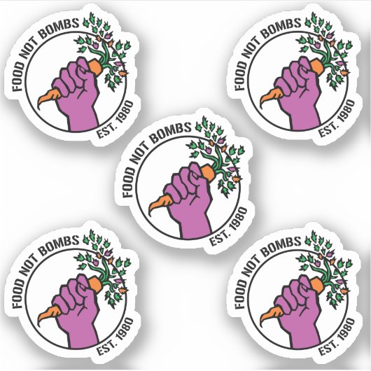 Food Not Bombs logo sticker pack w/text & year (Voorkant)
