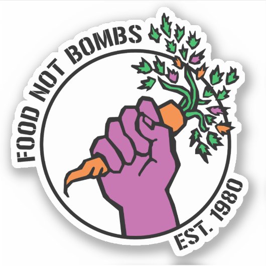Food Not Bombs logo w/text & year Sticker (Voorkant)