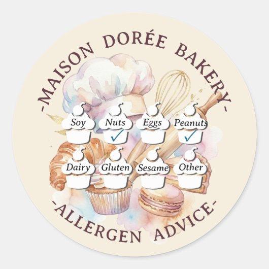 Food Safety Allergy Alert Bakery Pastry Chef Gold Ronde Sticker (Voorkant)
