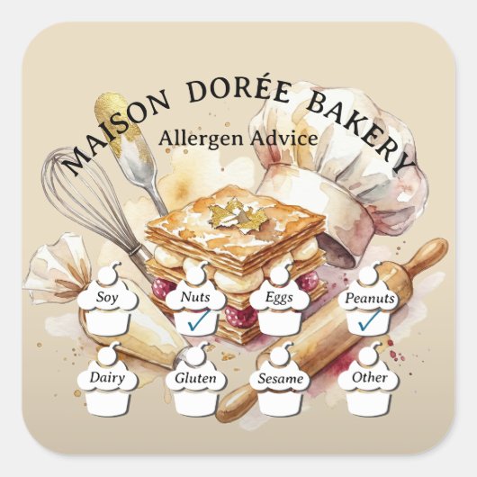 Food Safety Allergy Alert Bakery Pastry Chef Gold Vierkante Sticker (Voorkant)