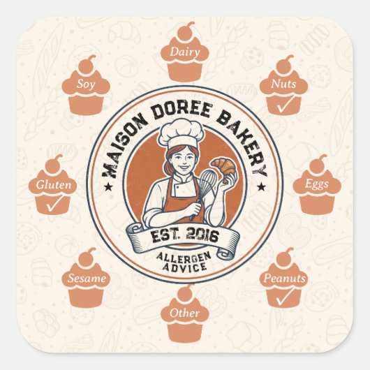Food Safety Allergy Alert Bakery Pastry Chef Gold Vierkante Sticker (Voorkant)