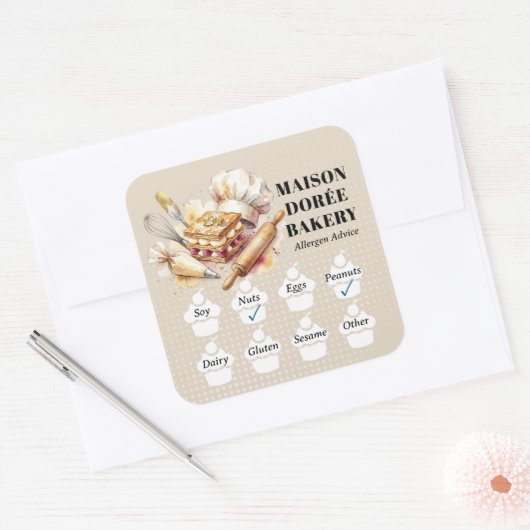 Food Safety Allergy Alert Bakery Pastry Chef Gold Vierkante Sticker (Envelop)