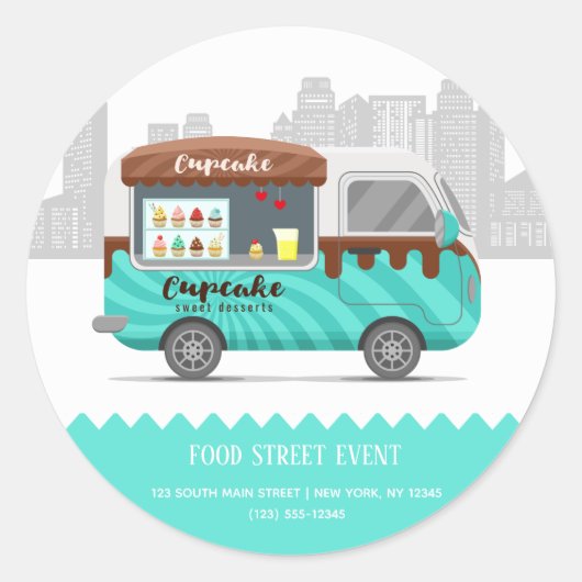 Food truck straat cupcake zoete desserts ronde sticker (Voorkant)
