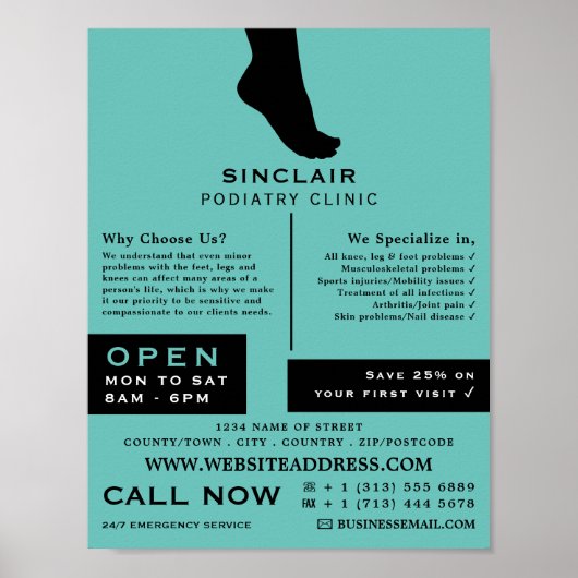 Foot Silhouette, Podiatry Clinic, Podiatrist Poster (Voorkant)