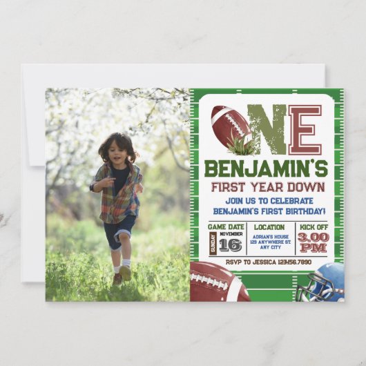 Football 1e jaar down foto Verjaardag Kaart (Voorkant)