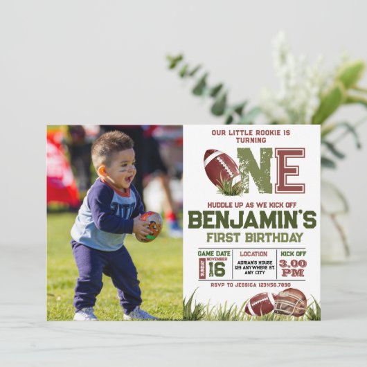 Football 1e jaar down foto verjaardagsfeestje kaart (Staand voorkant)