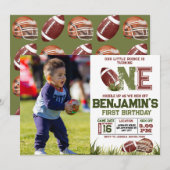 Football 1e jaar down foto verjaardagsfeestje kaart (Voorkant / Achterkant)