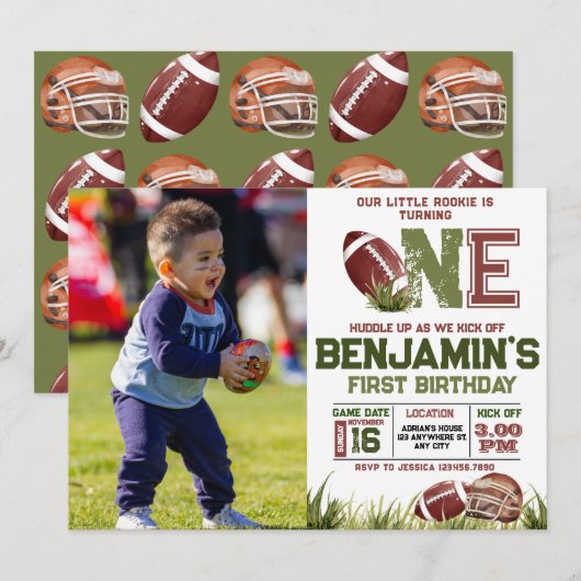 Football 1e jaar down foto verjaardagsfeestje kaart (Voorkant / Achterkant)