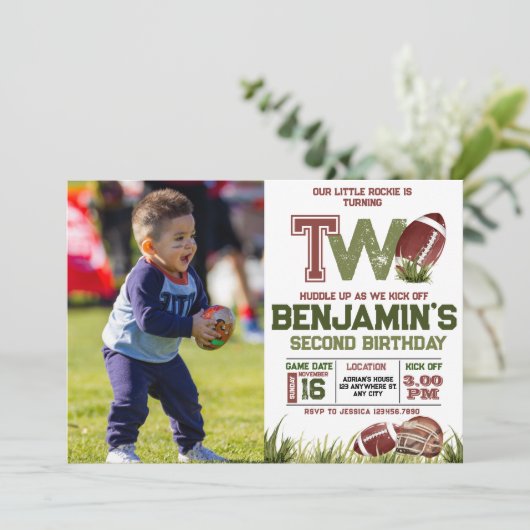 Football 2e jaar down foto verjaardagsfeestje kaart (Staand voorkant)