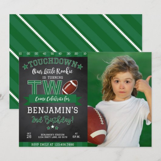 Football 2e Verjaardag Foto Uitnodiging Zwart (Voorkant / Achterkant)