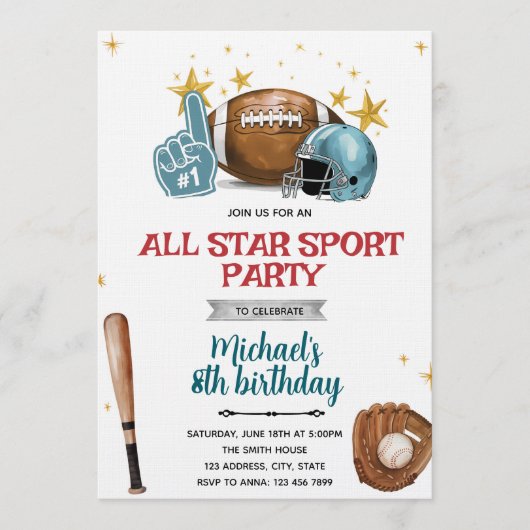 Football and baseball party Invitation Kaart (Voorkant)