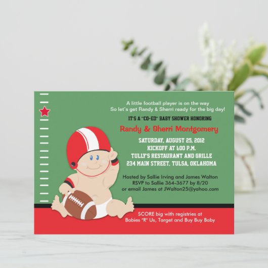 Football Baby (rood/zwart) Baby shower sport Kaart (Staand voorkant)