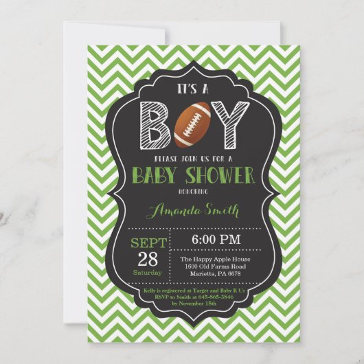 Football Baby shower Invitation Boy Green Chevron Kaart (Voorkant)