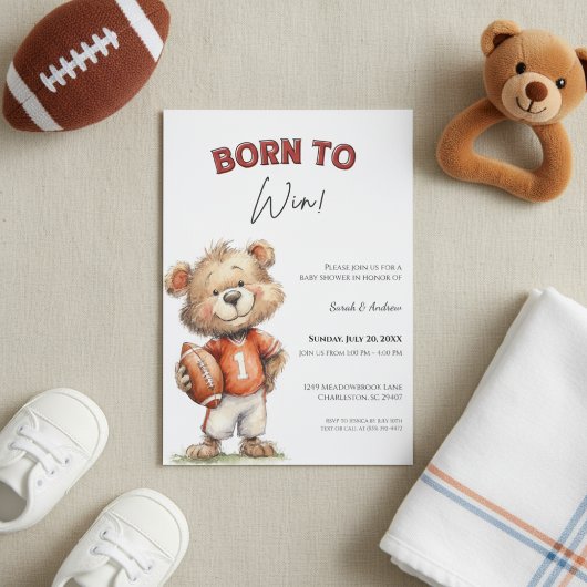Football Baby Shower Invite Born to Win Theme Kaart