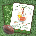 Football Baby shower Tailgate koppels Spel Dag Kaart<br><div class="desc">Eenvoudige en moderne "flessenslabbetjes bibs en Cheers", Football Baby shower waterverf uitnodiging. Beschikt over een baby-flesje, biertjes en een football in kleuren van groen, bruin wit. Geweldig voor elk team waar je om juicht! Alle formuleringen kunnen worden gewijzigd. Ga naar Deze sjabloon personaliseren om meer wijzigingen aan te brengen. Onderaan...</div>