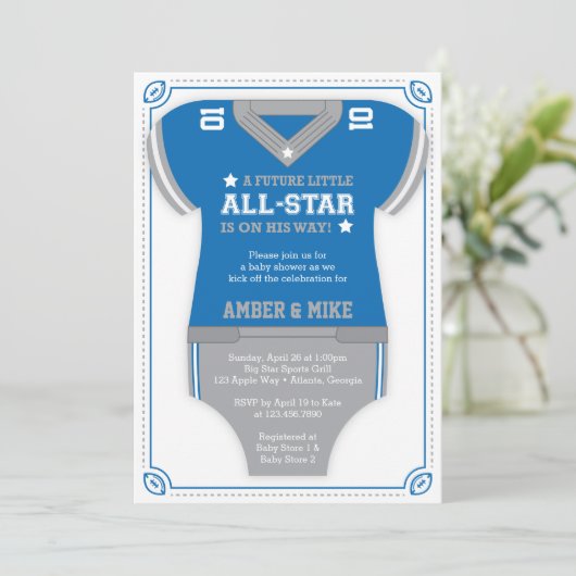 Football Baby shower Uitnodiging, Blauw, Grijs Kaart (Staand voorkant)