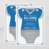 Football Baby shower Uitnodiging, Blauw, Grijs Kaart (Voorkant / Achterkant)