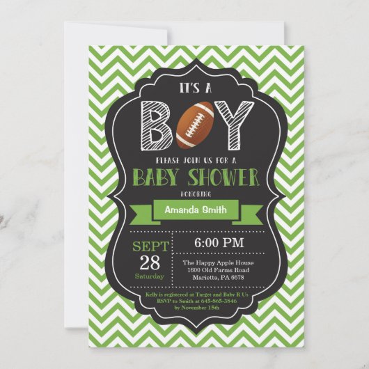 Football Baby shower Uitnodiging Boy Green Chevron (Voorkant)