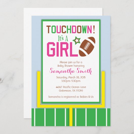 Football Baby shower Uitnodiging - Het is een meis (Voorkant / Achterkant)