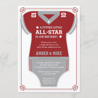 Football Baby shower Uitnodiging, Rood, Grijs Kaart