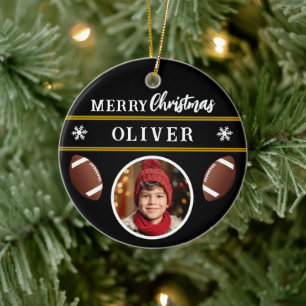 Football Ball Custom Name Vrolijke Kerstfoto Keramisch Ornament