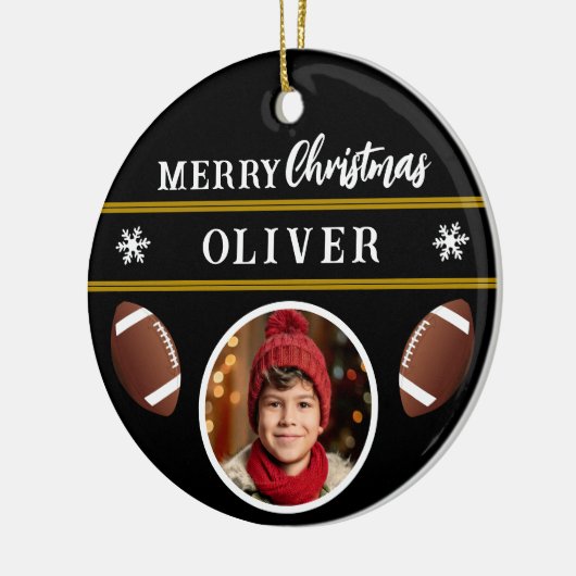 Football Ball Custom Name Vrolijke Kerstfoto Keramisch Ornament (Links)