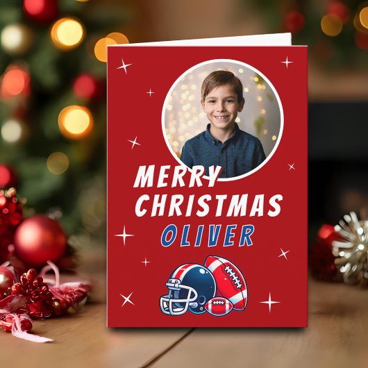 Football Ball Helmet Cartoon Photo Merry Christmas Kaart
