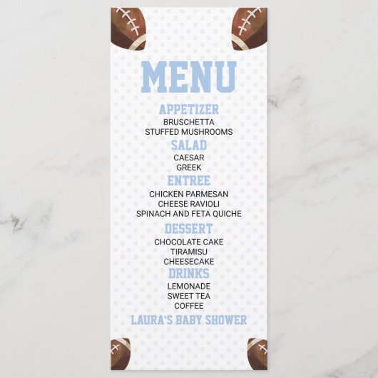 Football Ball Sports Blauw Baby shower Voedsel Menu (Voorkant)