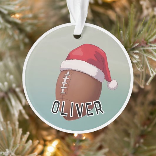 Football Ball with Red Santa Hat Name Christmas Ornament (Boom)